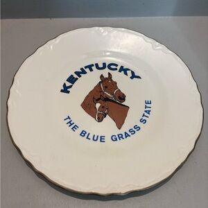 Kentucky Derby horse Blue Grass State white glass gold rimmed souvenir plate